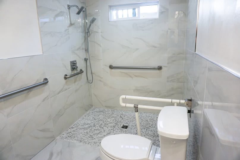 An accessible bathroom featuring a walk-in shower, toilet, and safety grab bars.