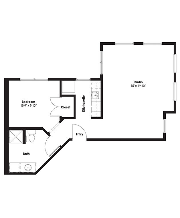 A simple floor plan showing a bedroom, bathroom, and living area.