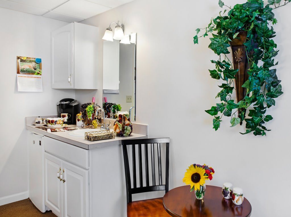 A cozy kitchen corner with a coffee maker, decorated with plants and a sunflower on the table.