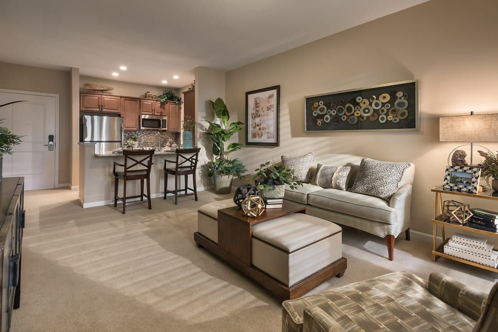 A cozy open-concept living room with a kitchen area, featuring a sofa and bar stools.