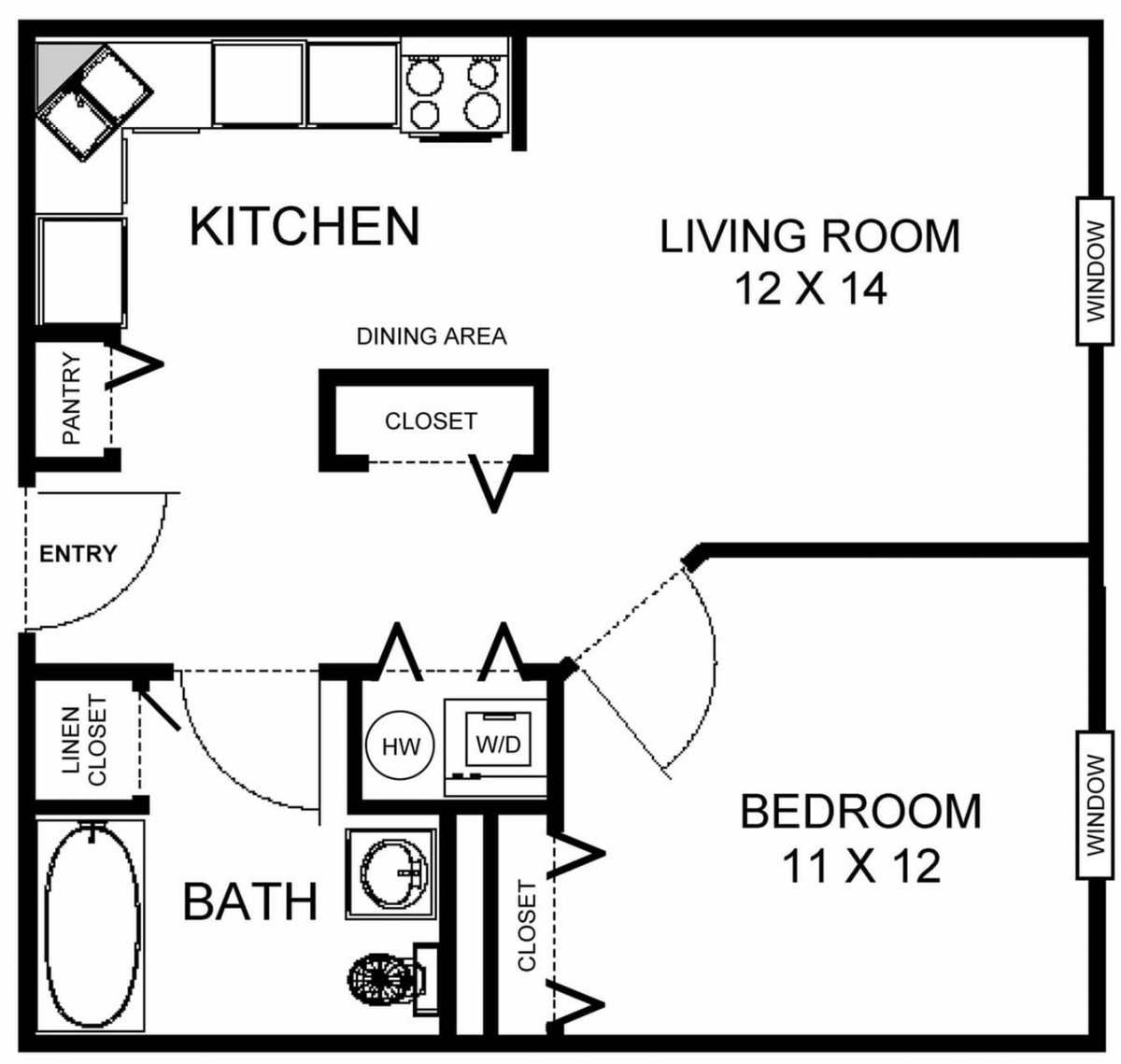 A detailed floor plan of a one-bedroom apartment featuring a kitchen, living room, and bathroom.