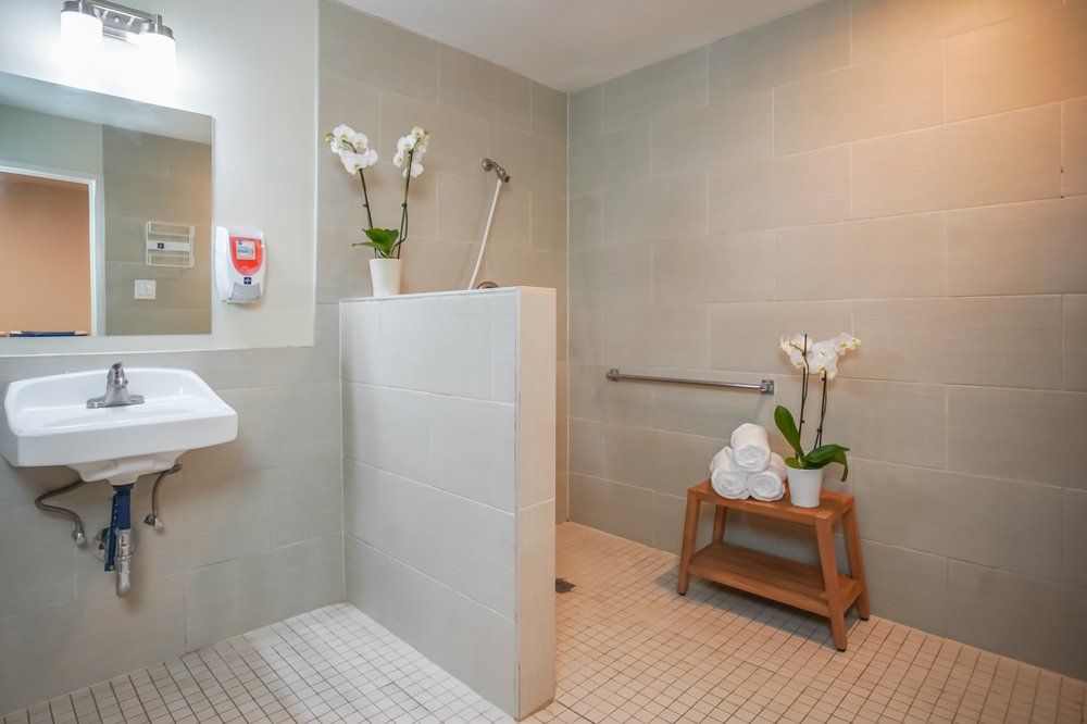 A modern and minimalist bathroom with a walk-in shower, safety bar, and decorative plants.