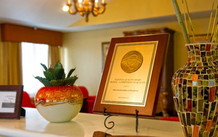 A framed award plaque displayed on a stand in a warmly lit room.