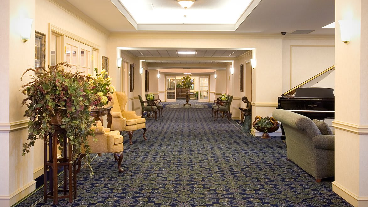 A well-decorated hallway with patterned carpet, elegant furniture, and decorative plants.