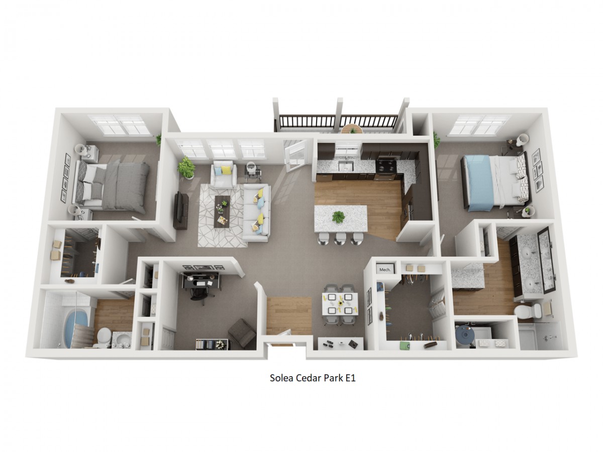A 3D floor plan of a modern apartment with two bedrooms, a kitchen, living area, and bathrooms.