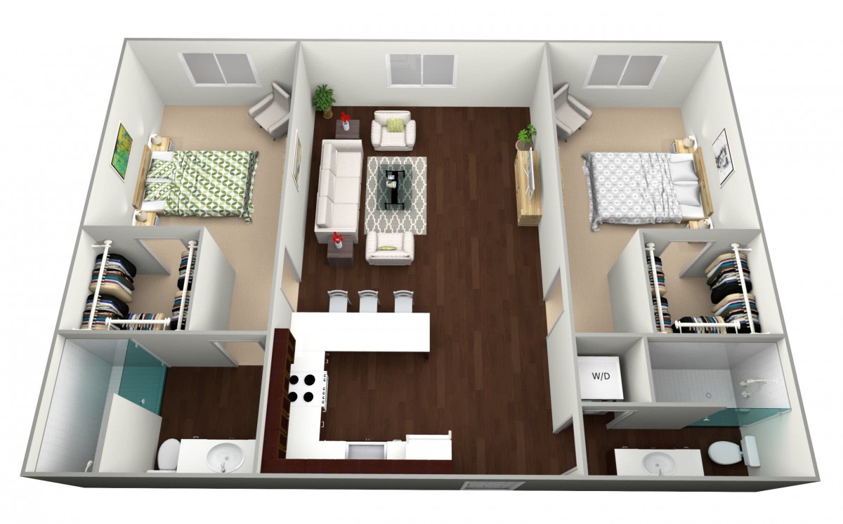 3D floor plan of a two-bedroom apartment with a central living area and kitchen.