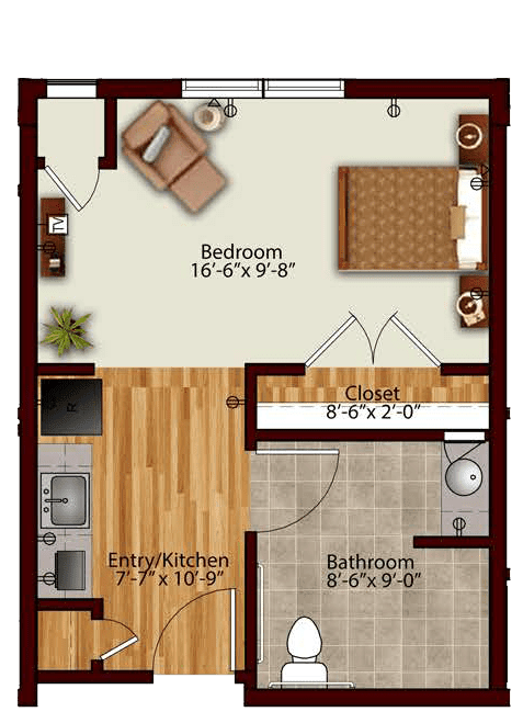 A floor plan of an apartment featuring a bedroom, bathroom, kitchen, and living area.