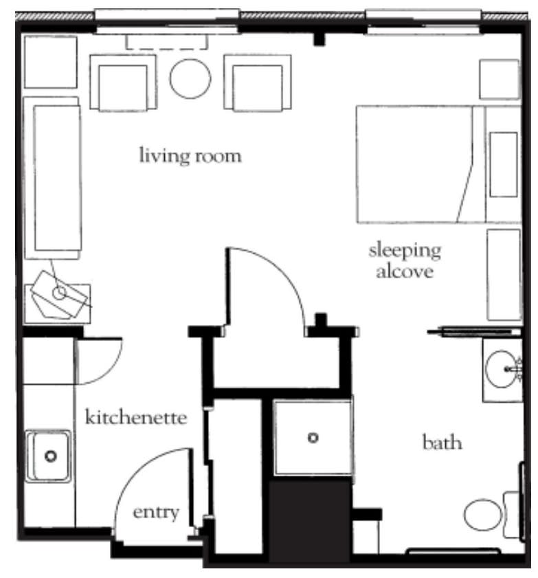 Studio apartment floor plan with living room, kitchenette, sleeping alcove, and bath.