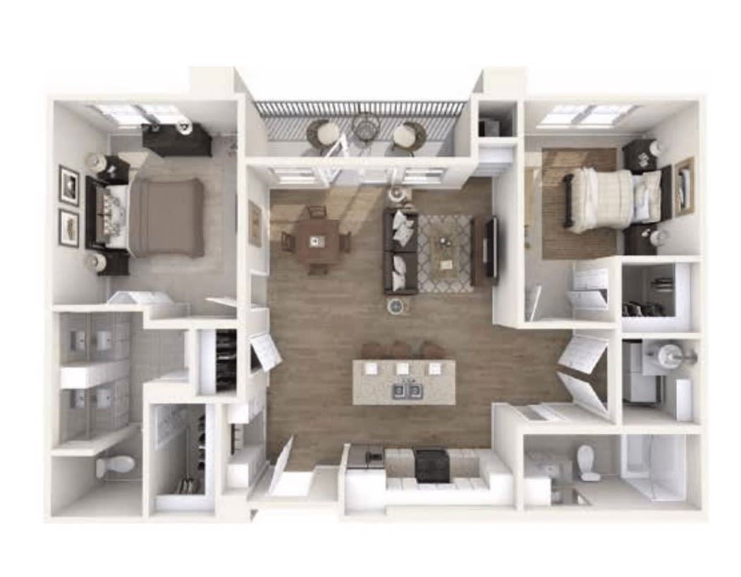 A modern apartment floor plan featuring two bedrooms, a spacious living room, and an open kitchen layout.