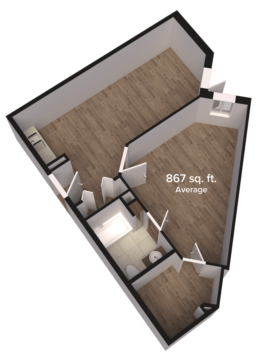 A 3D floor plan of an apartment unit measuring 867 square feet, showcasing the layout and design.