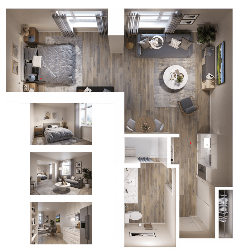 A modern apartment floor plan showcasing a bedroom, living room, kitchen, and bathroom.