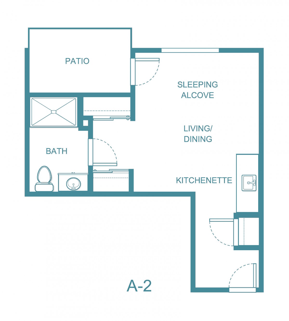 Studio Apartment Floor Plan with Sleeping Alcove and Patio