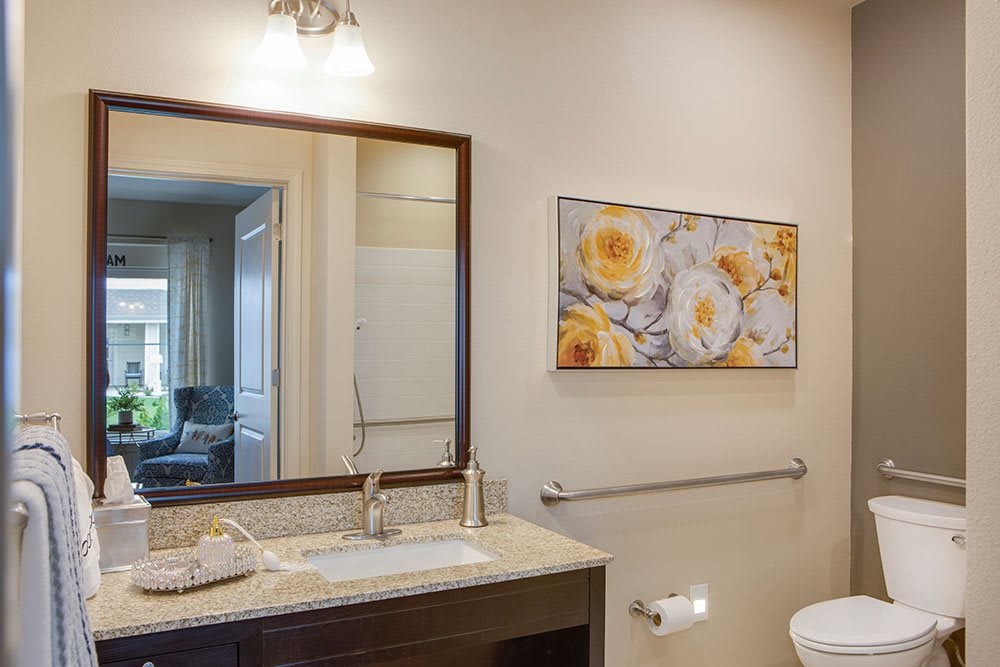 A well-lit bathroom featuring a large mirror, elegant sink, and floral artwork.