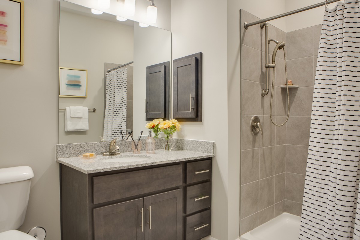 Modern bathroom with a vanity, mirror, and shower.