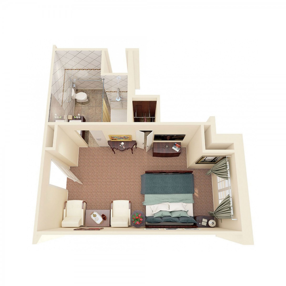 A 3D floor plan of a compact apartment featuring a bedroom, living area, and bathroom.