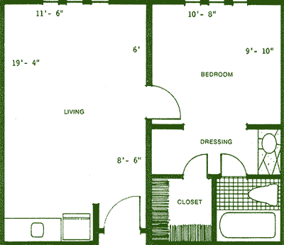 A floor plan of an apartment featuring a living room, bedroom, closet, and bathroom.