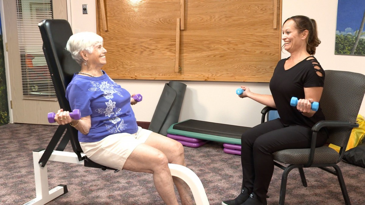 Two people engaging in a seated weight lifting exercise indoors.