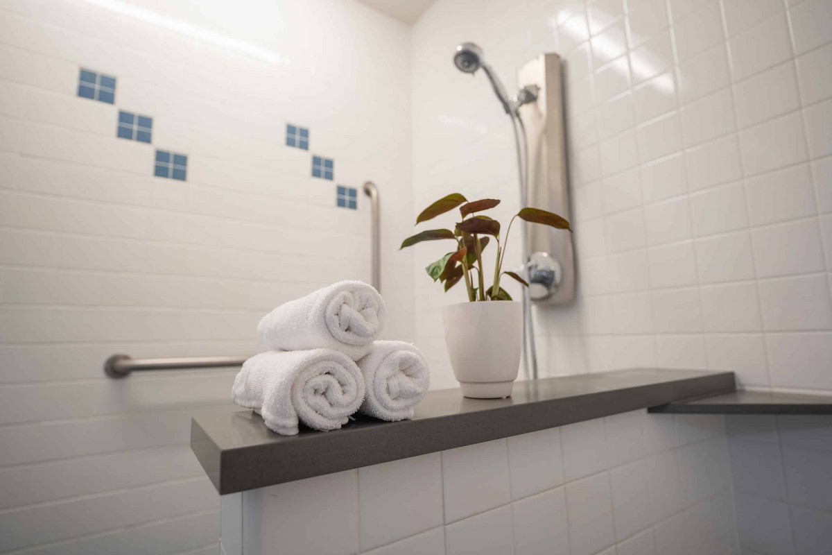 A modern bathroom with a sleek shower and neatly folded towels alongside a potted plant.