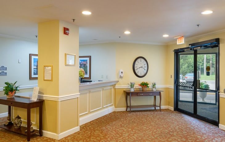 A welcoming office reception area with a carpeted floor and decorative elements like a clock and potted plants.