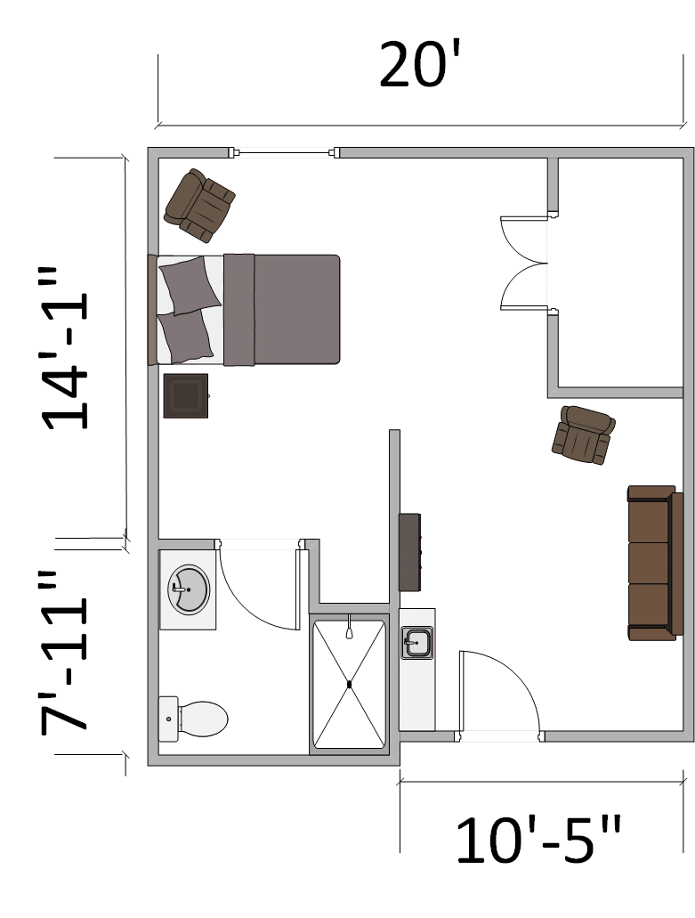 A compact floor plan of a small studio apartment, featuring a bedroom, bathroom, and kitchen area.