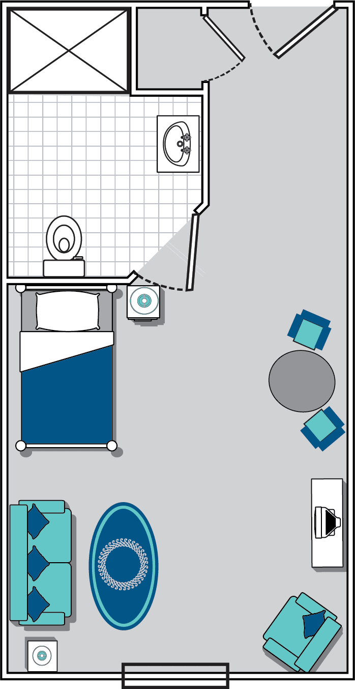 Simple floor plan of a bedroom with an attached bathroom and basic furniture layout.