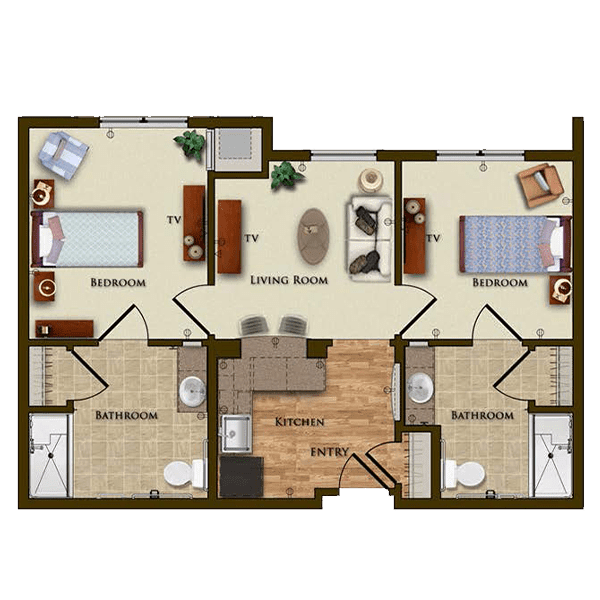 A floor plan of an apartment with two bedrooms, two bathrooms, a living room, and a kitchen.