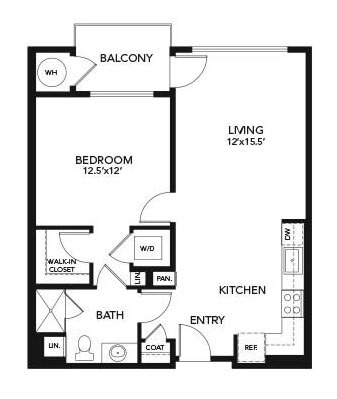This is a floor plan of a one-bedroom apartment featuring a balcony, living room, kitchen, and bathroom.