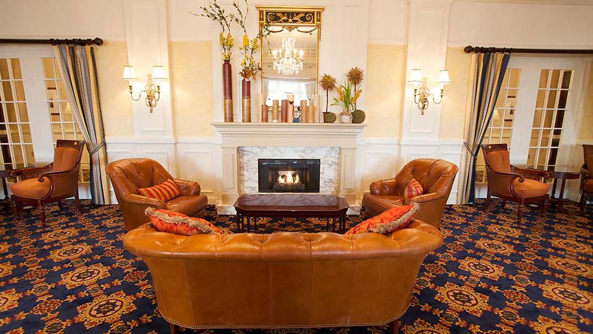 A luxurious living room featuring leather seating, a central fireplace, and elegant decor.