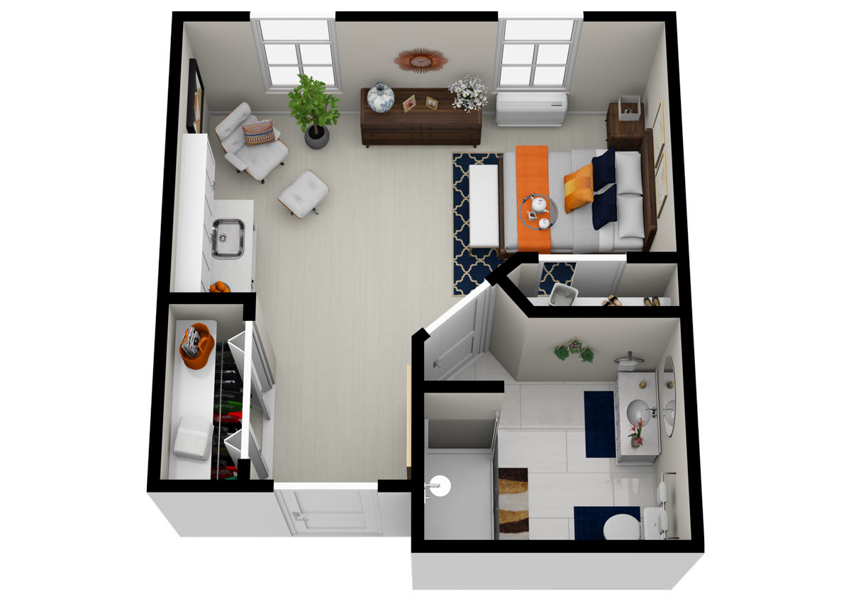 A 3D floor plan of a one-bedroom apartment featuring a living room, kitchen, bathroom, and bedroom.