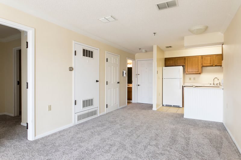 An empty apartment living room with carpeted floors and a small kitchen area.