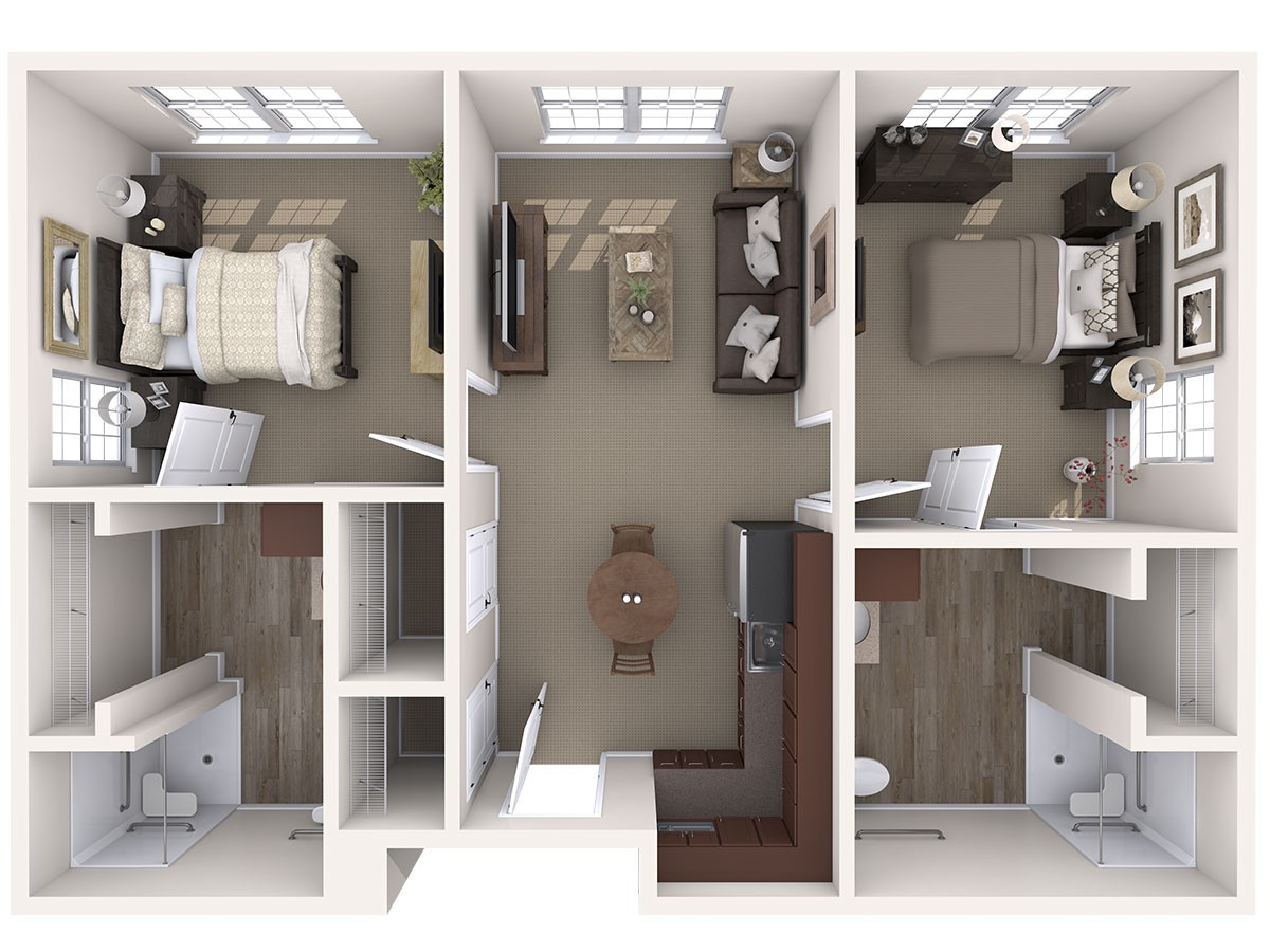 A detailed floor plan of a two-bedroom apartment, featuring a living room, kitchen, and bathroom.