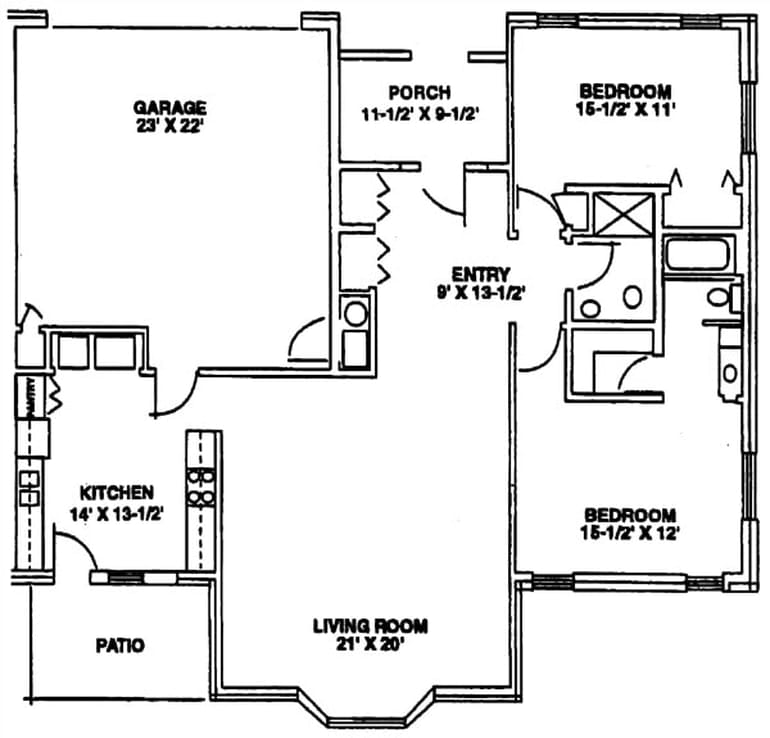A detailed architectural floor plan of a house, displaying the layout of rooms including bedrooms, kitchen, and living areas.