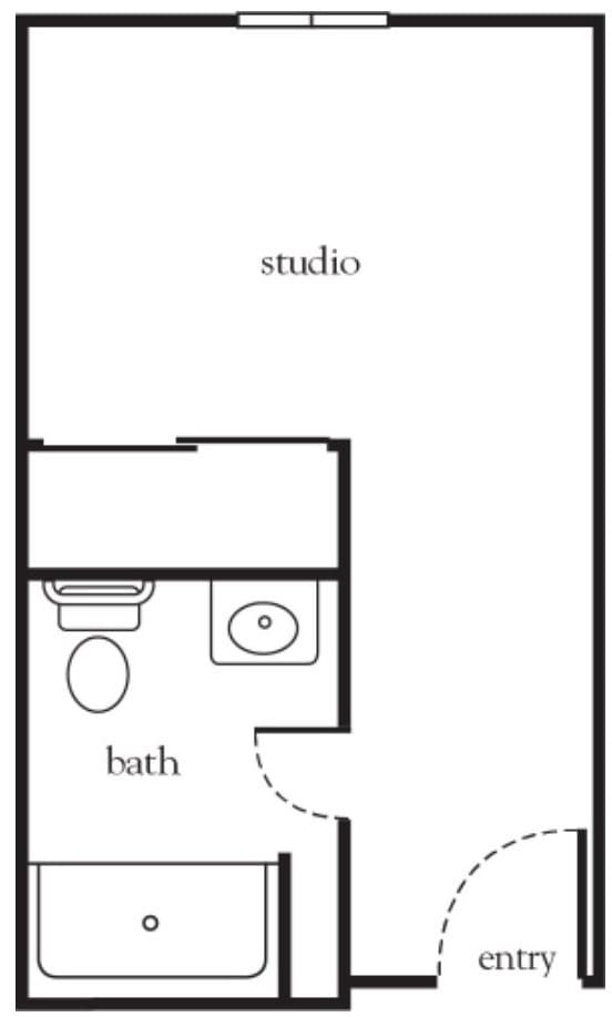 A simple floor plan of a studio apartment with a bathroom.