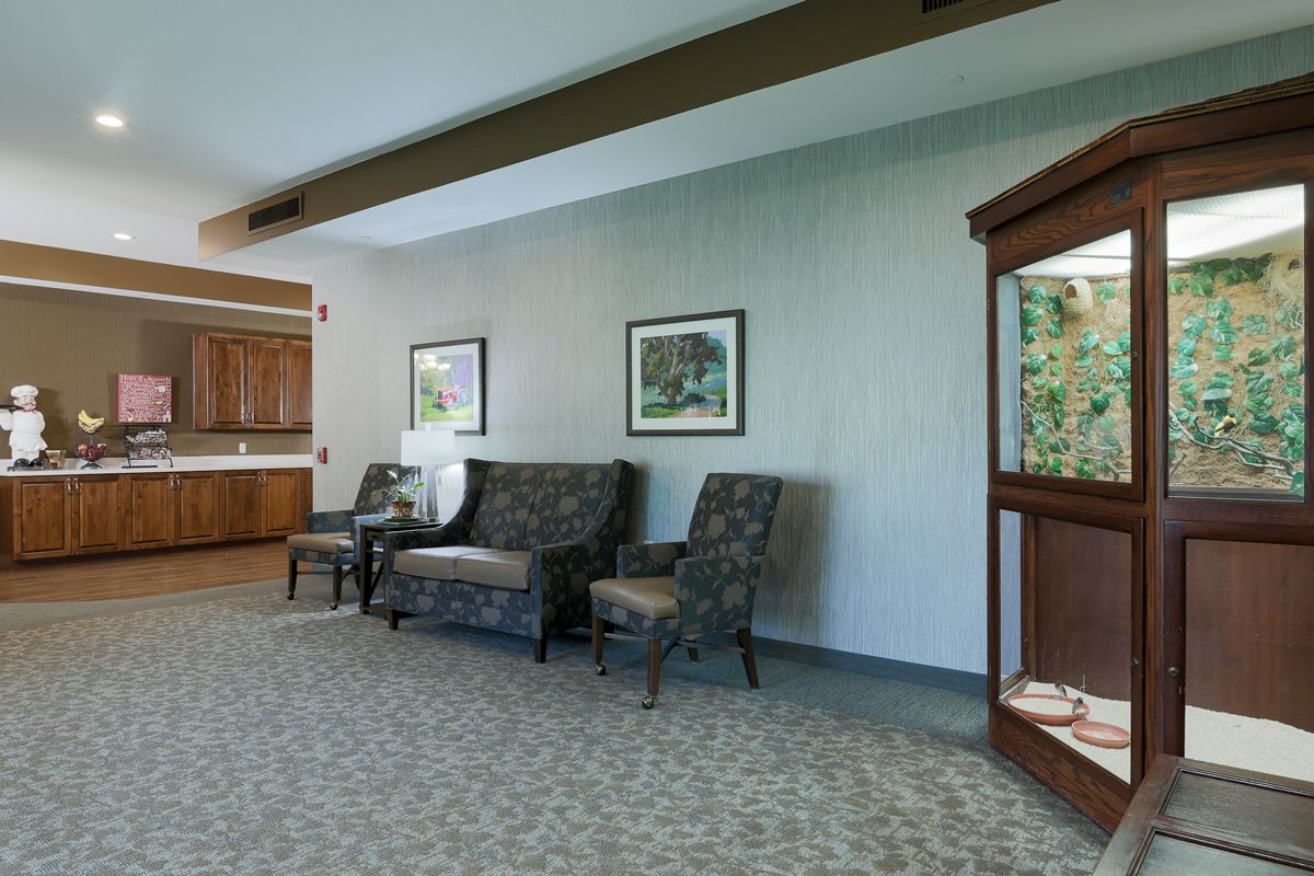 A cozy waiting area with comfortable seating and framed artwork on the walls.