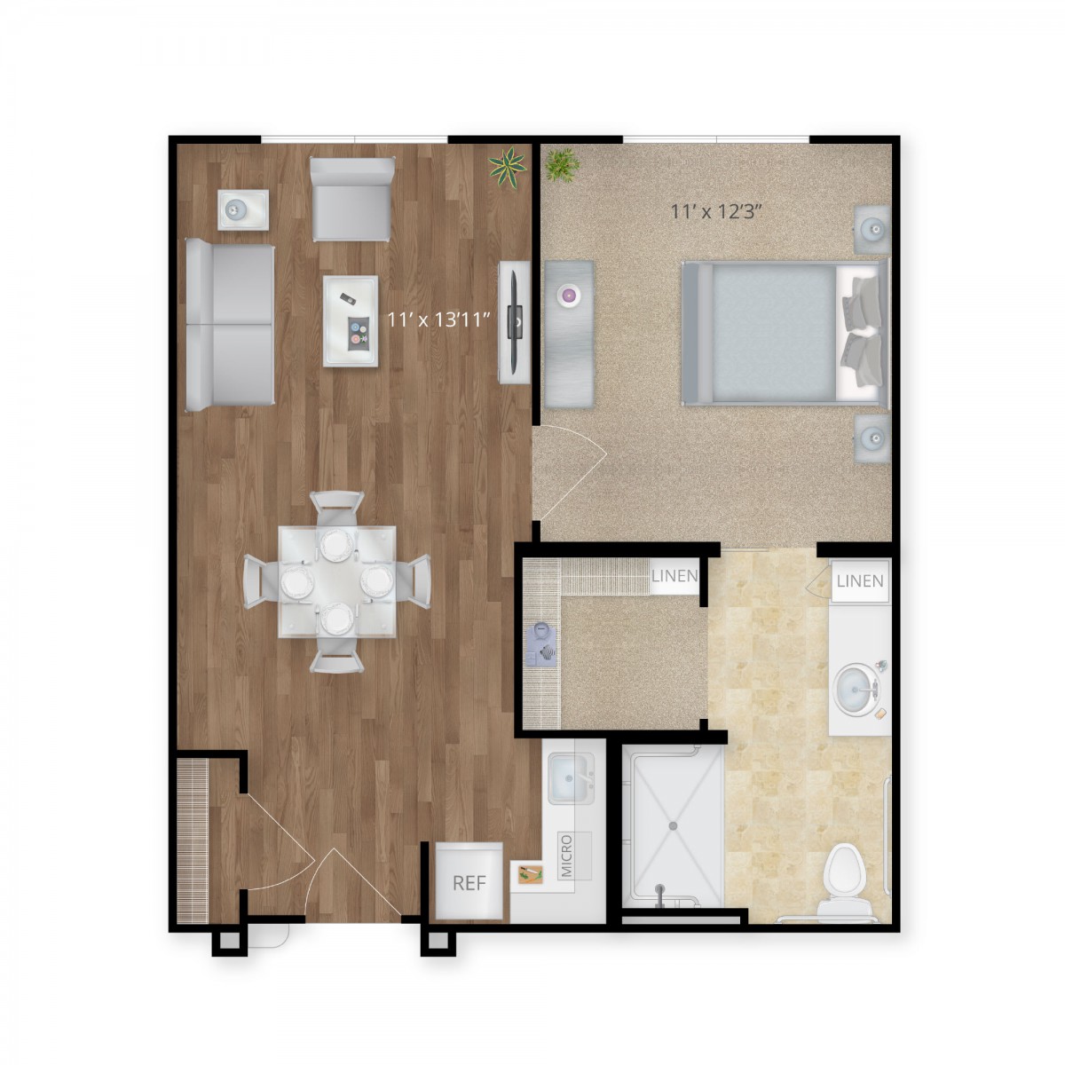 A detailed floor plan of a one-bedroom apartment featuring a kitchen, living room, dining area, and bathroom.