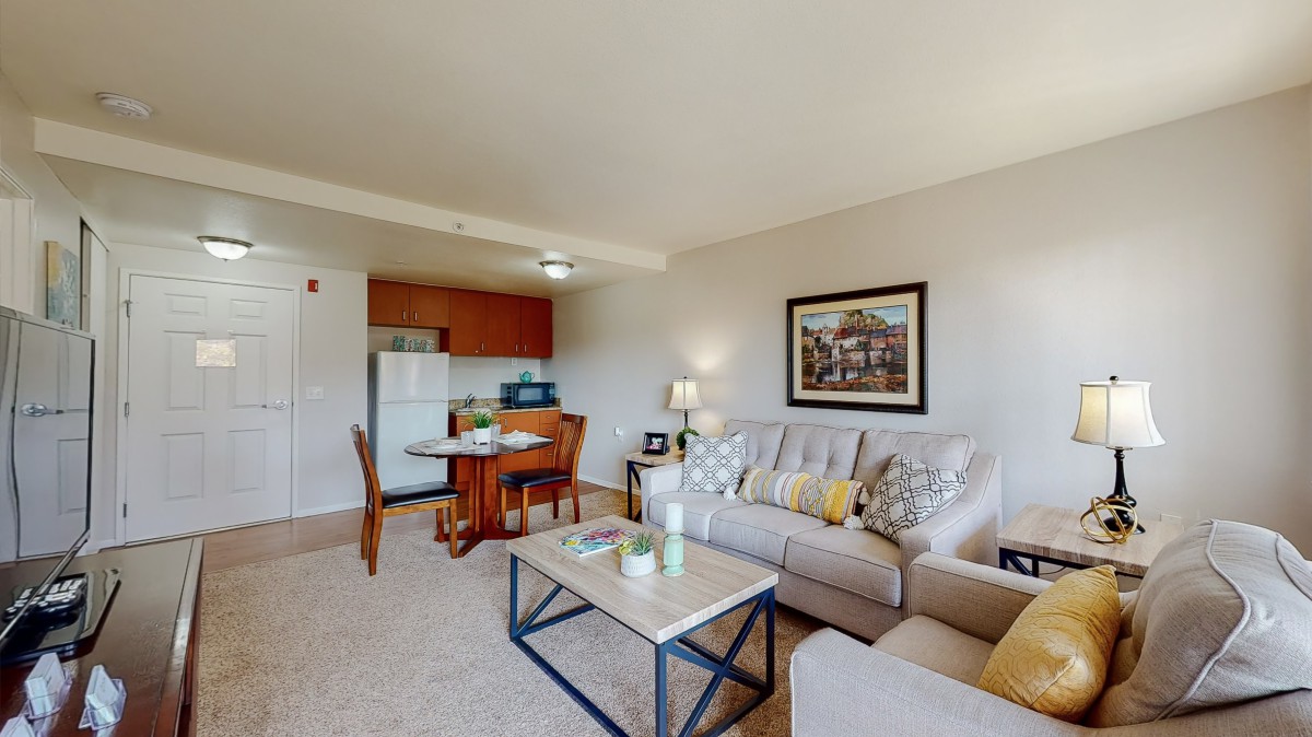 A cozy apartment living room with a sofa, coffee table, and an adjoining kitchen area.