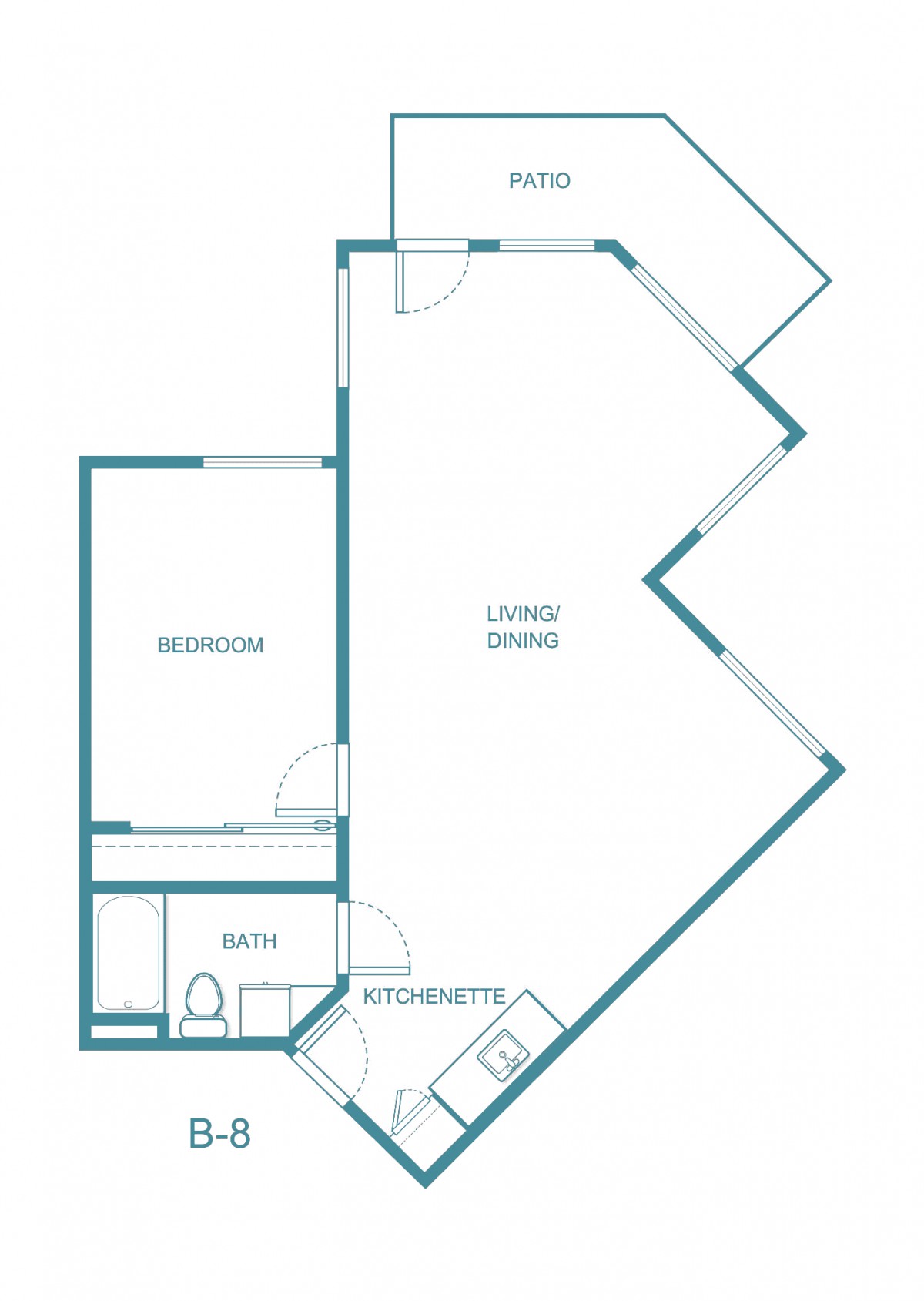 A floor plan depicting the layout of a one-bedroom apartment with living/dining area, bathroom, and kitchenette.