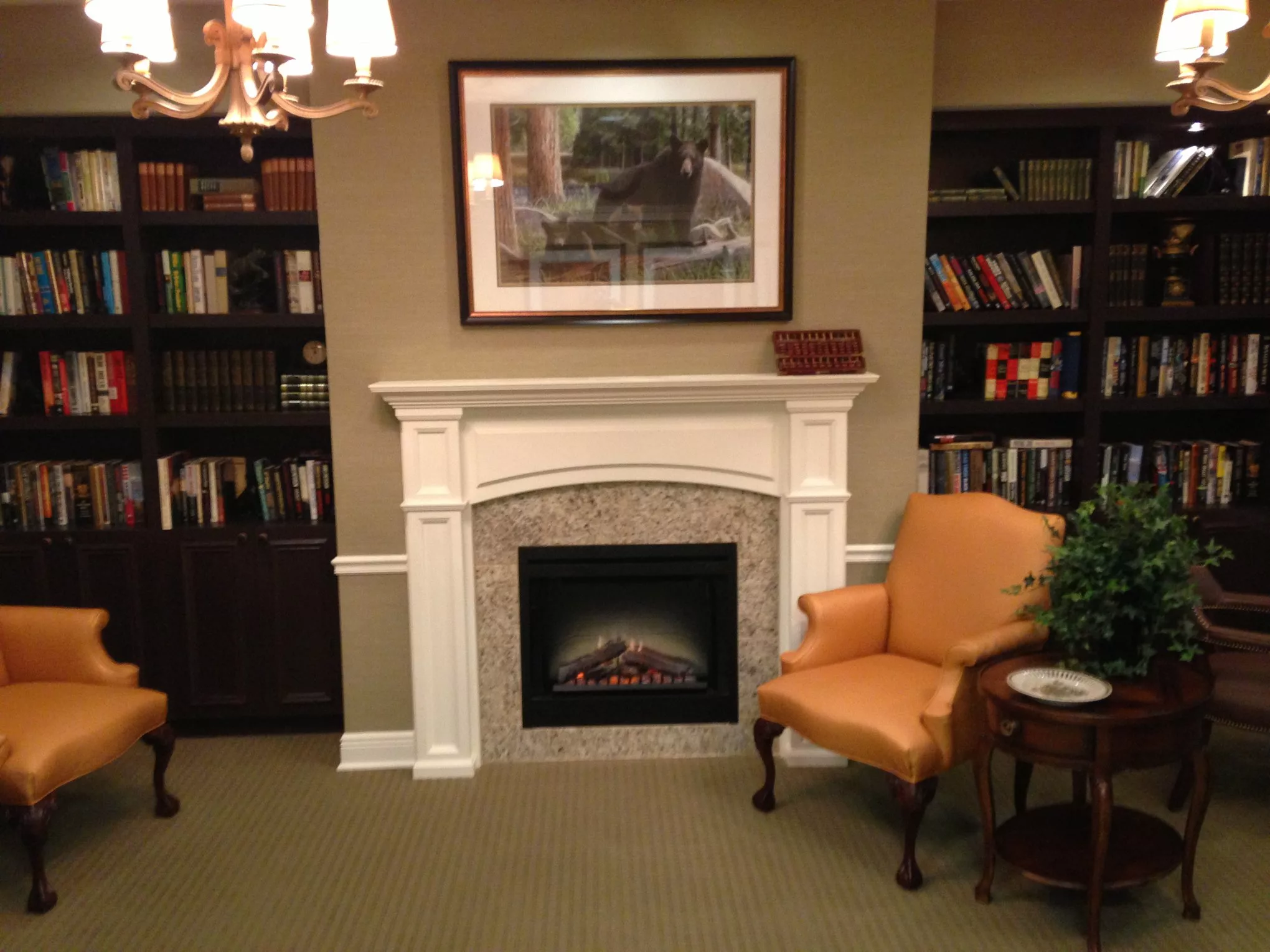A cozy reading corner featuring a fireplace surrounded by bookshelves and a comfortable armchair.