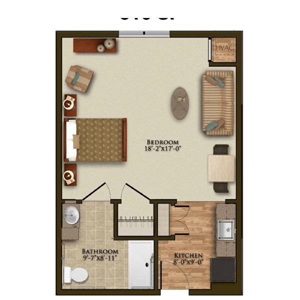 A detailed floor plan of a one-bedroom apartment with labeled rooms.