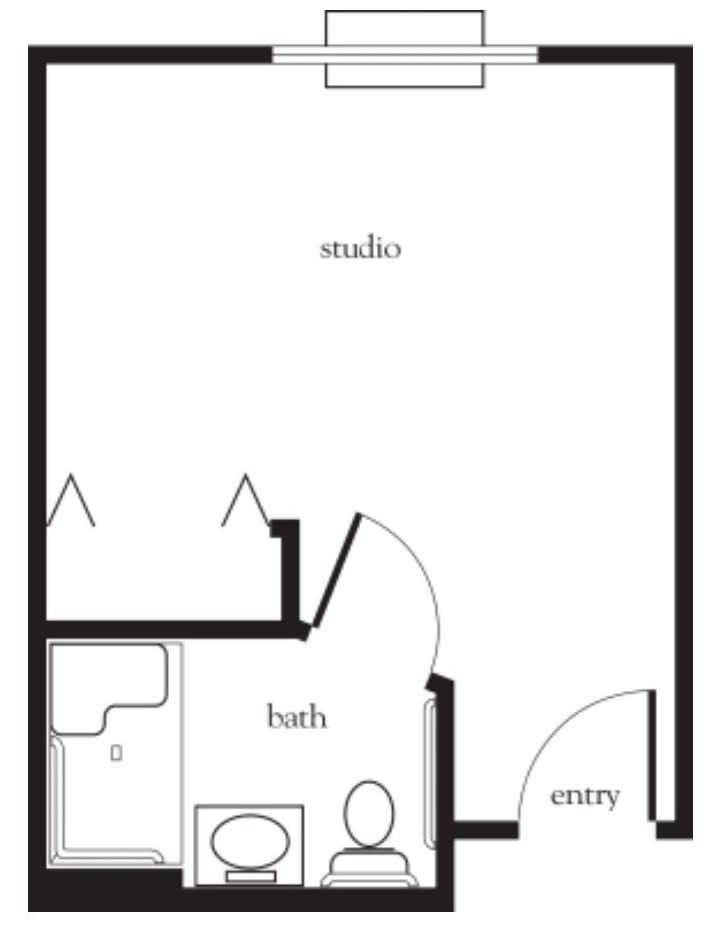 Studio apartment floor plan with a bathroom and entry area.