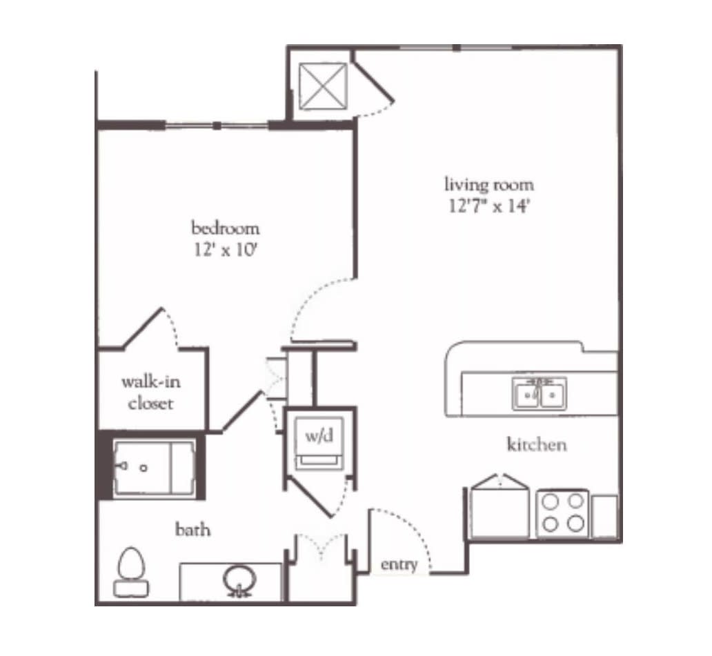 One-bedroom apartment floor plan with living room and kitchen.