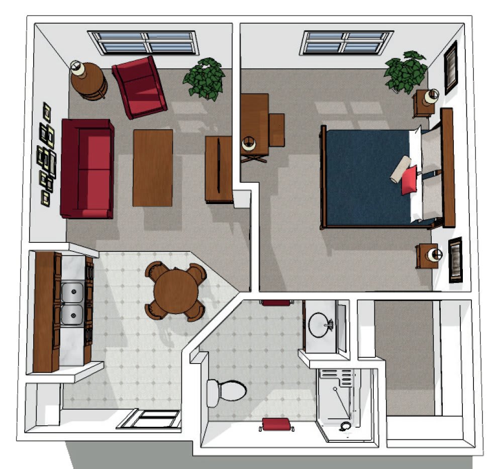 A 3D floor plan of a one-bedroom apartment featuring a living room, kitchen, bathroom, and bedroom.