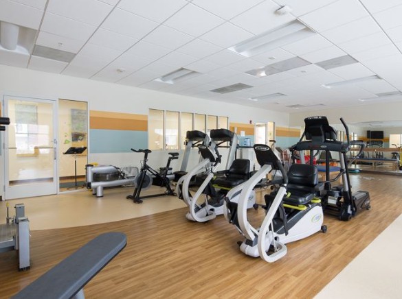 A modern gym equipped with exercise machines and workout equipment.