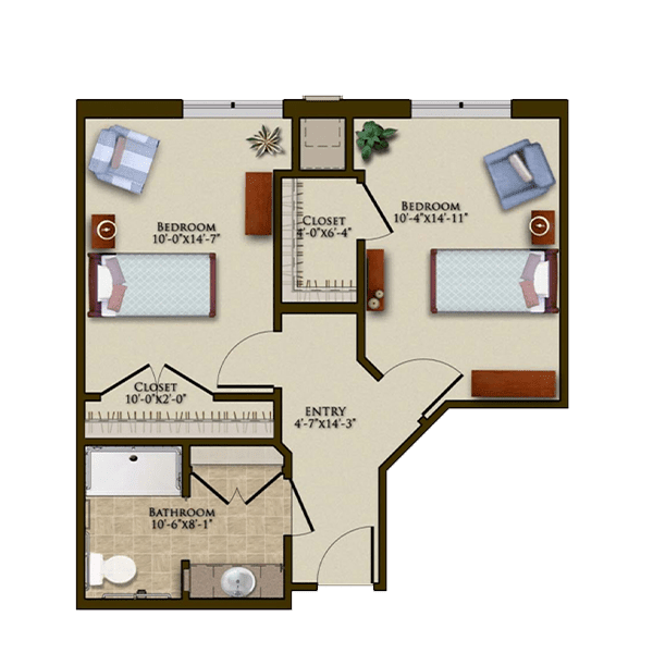 A floor plan of a two-bedroom apartment with a shared bathroom and living area.