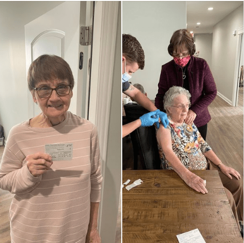 An elderly person receives a COVID-19 vaccination shot at home.