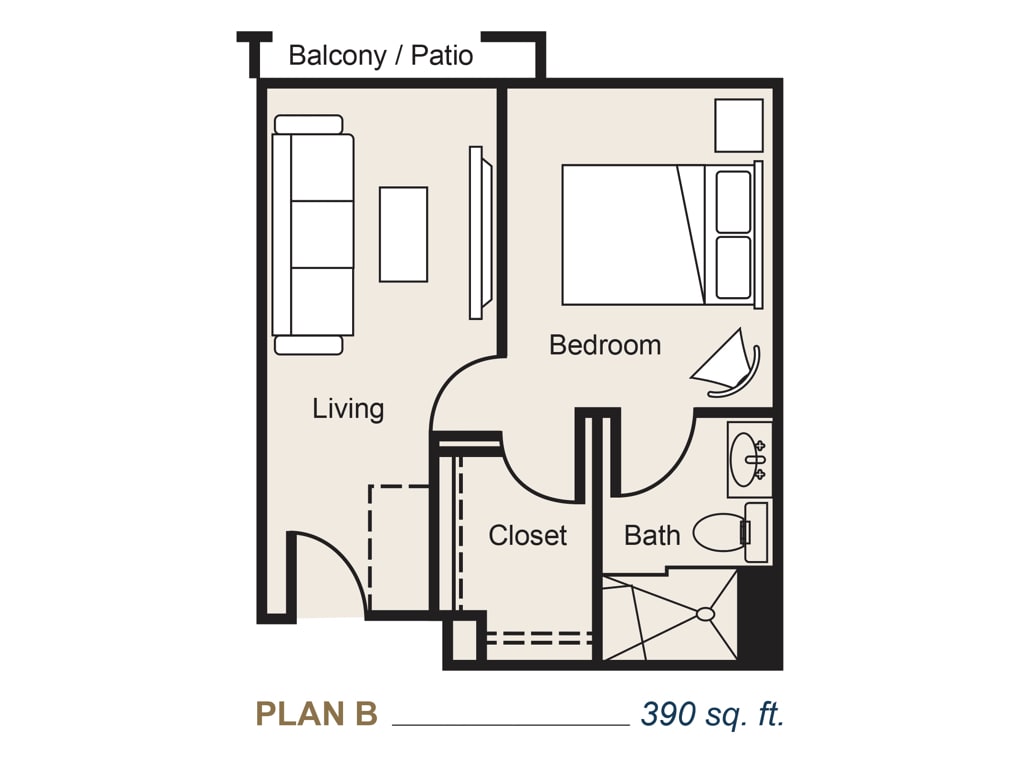 A compact 390 sq. ft. apartment layout with a bedroom, living area, bathroom, closet, and balcony.