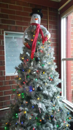 A beautifully decorated silver Christmas tree adorned with colorful lights and a festive red ribbon.