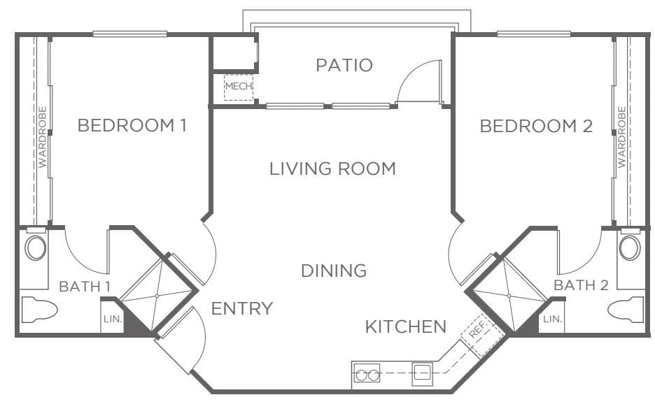 A floor plan of a two-bedroom apartment featuring a living room, dining area, kitchen, and patio.
