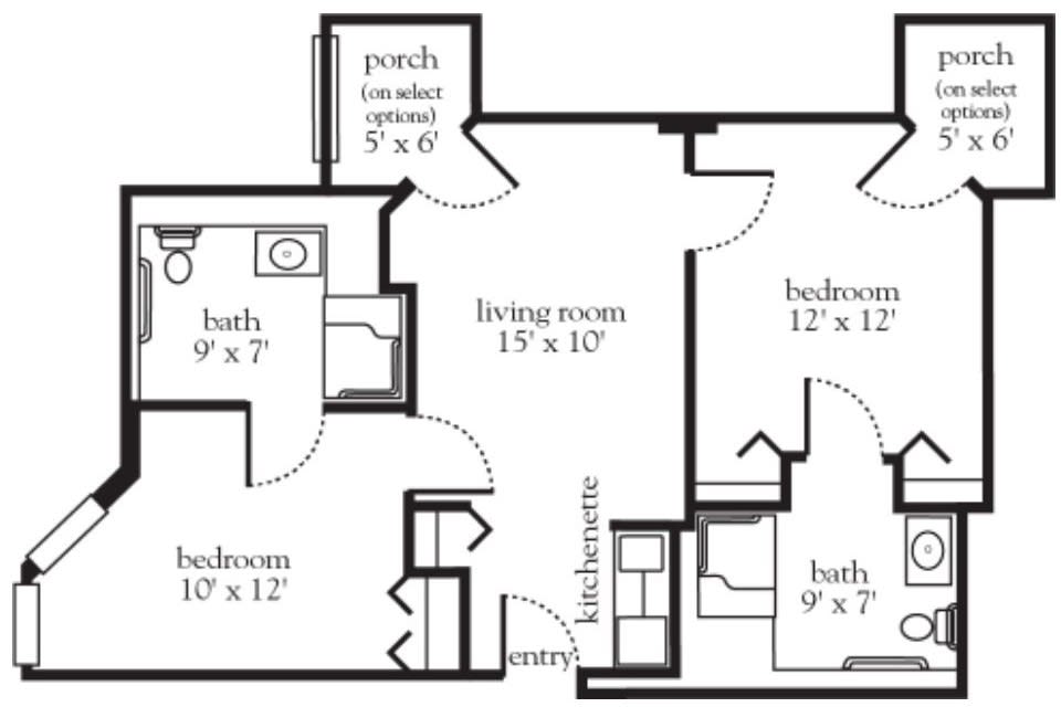 A detailed floor plan of an apartment showcasing two bedrooms, two bathrooms, a living room, and a porch.