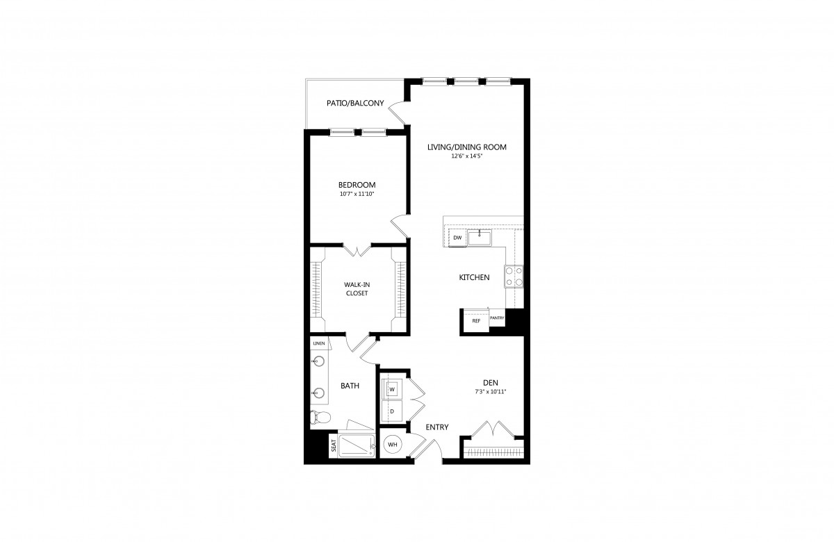 A detailed floor plan of a one-bedroom apartment featuring a living room, kitchen, bathroom, and patio.